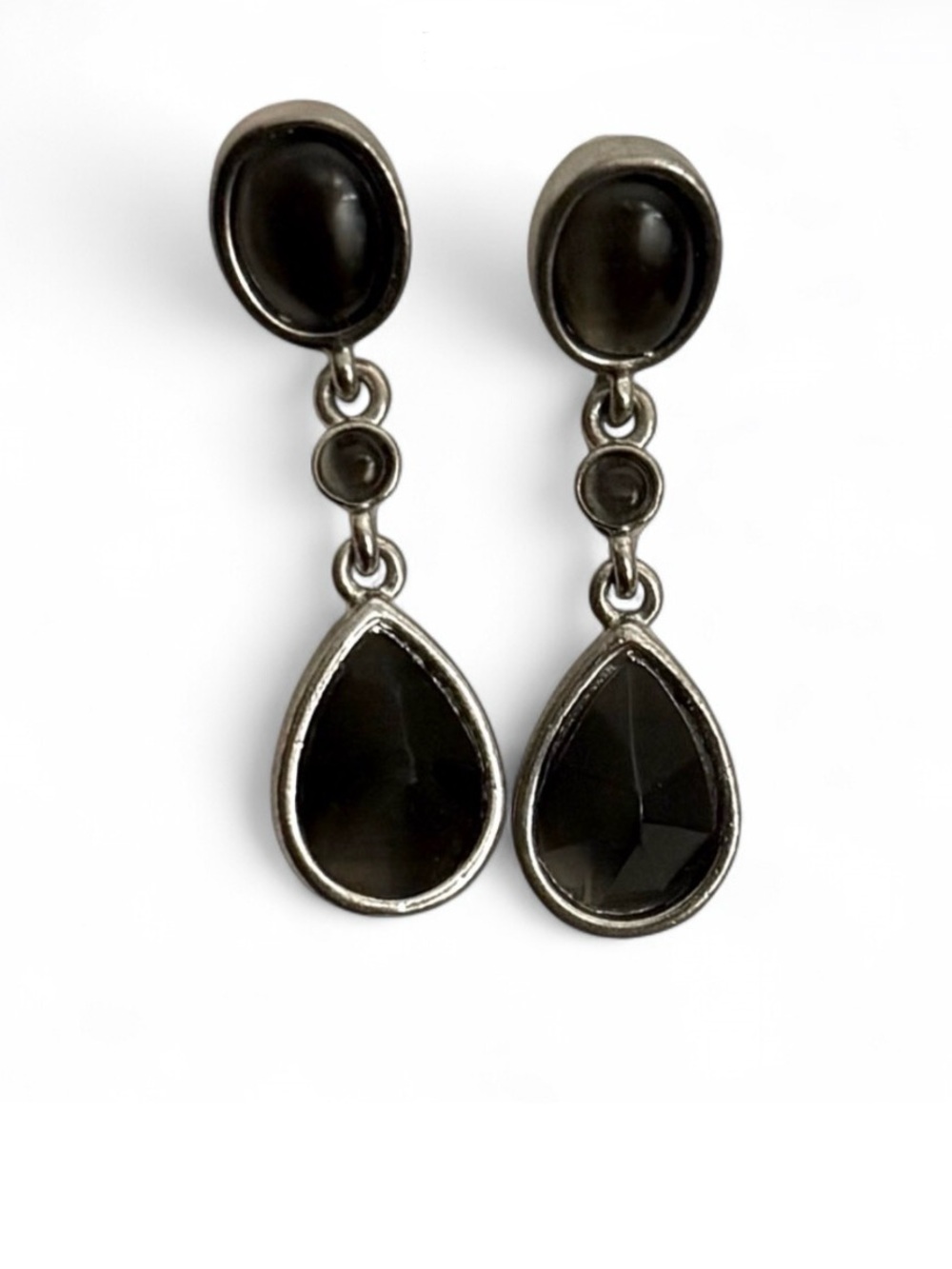 Vintage Black Crystal Silver Tone Drop Earrings